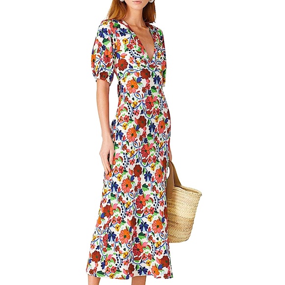 Rixo London Steph Crepe Midi Dress in Bright Floral Print Size Medium - Picture 2 of 16
